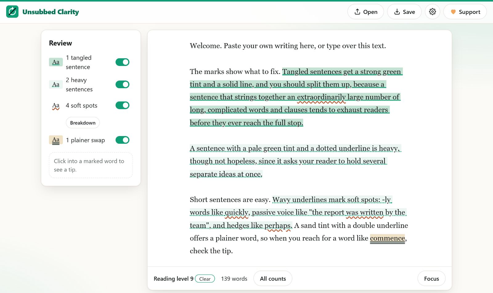 Unsubbed Clarity marking a long sentence in green, soft words with wavy lines, and a plainer word swap, with the review panel on the left