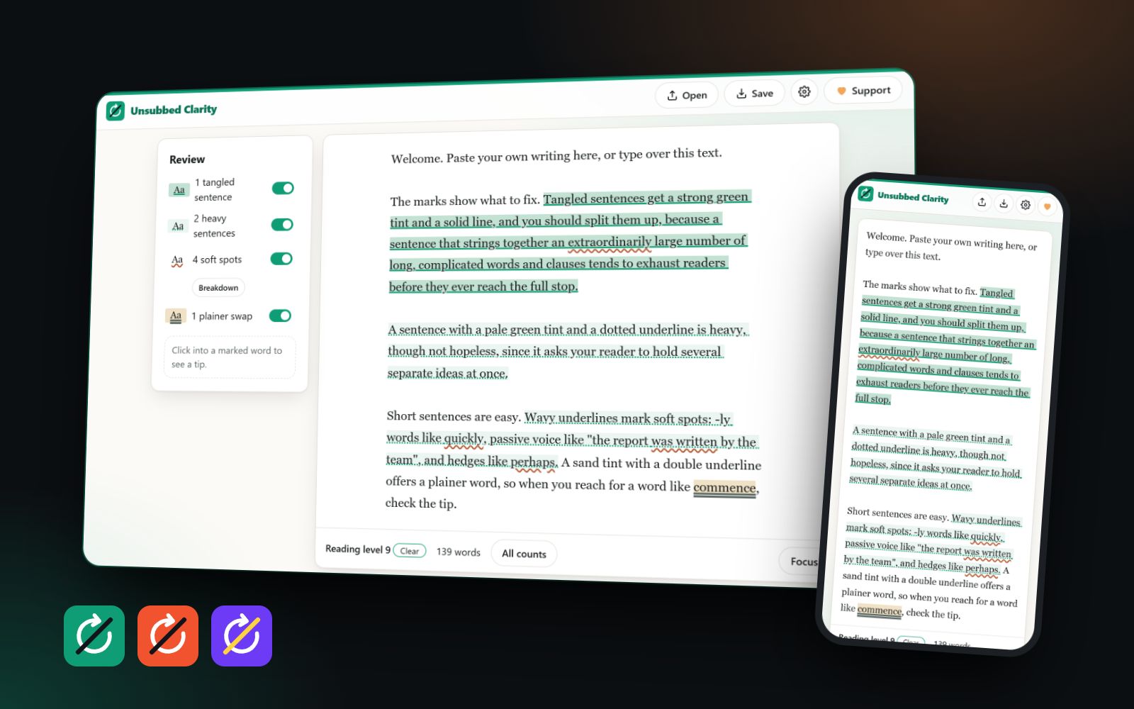 The first Unsubbed app, Clarity, on a laptop and a phone, with the next apps' icons below