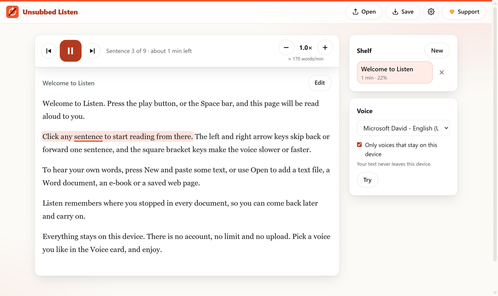 Unsubbed Listen reading a document aloud, with the current sentence tinted coral and the current word underlined, the play controls on top and the Shelf and Voice cards on the right