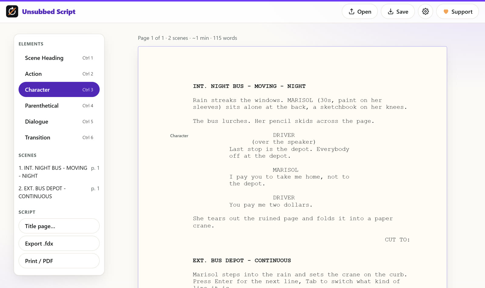 Unsubbed Script showing a short screenplay scene in standard page format, with the Elements, Scenes and Script lists in a panel on the left